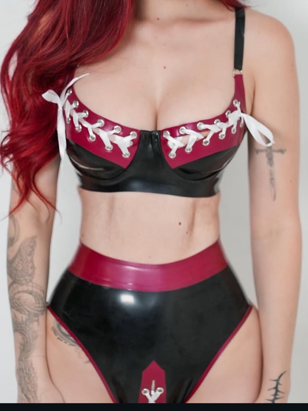 Lace-Up Latex Bra & High-Waist Brief Set in Deep Red and Black